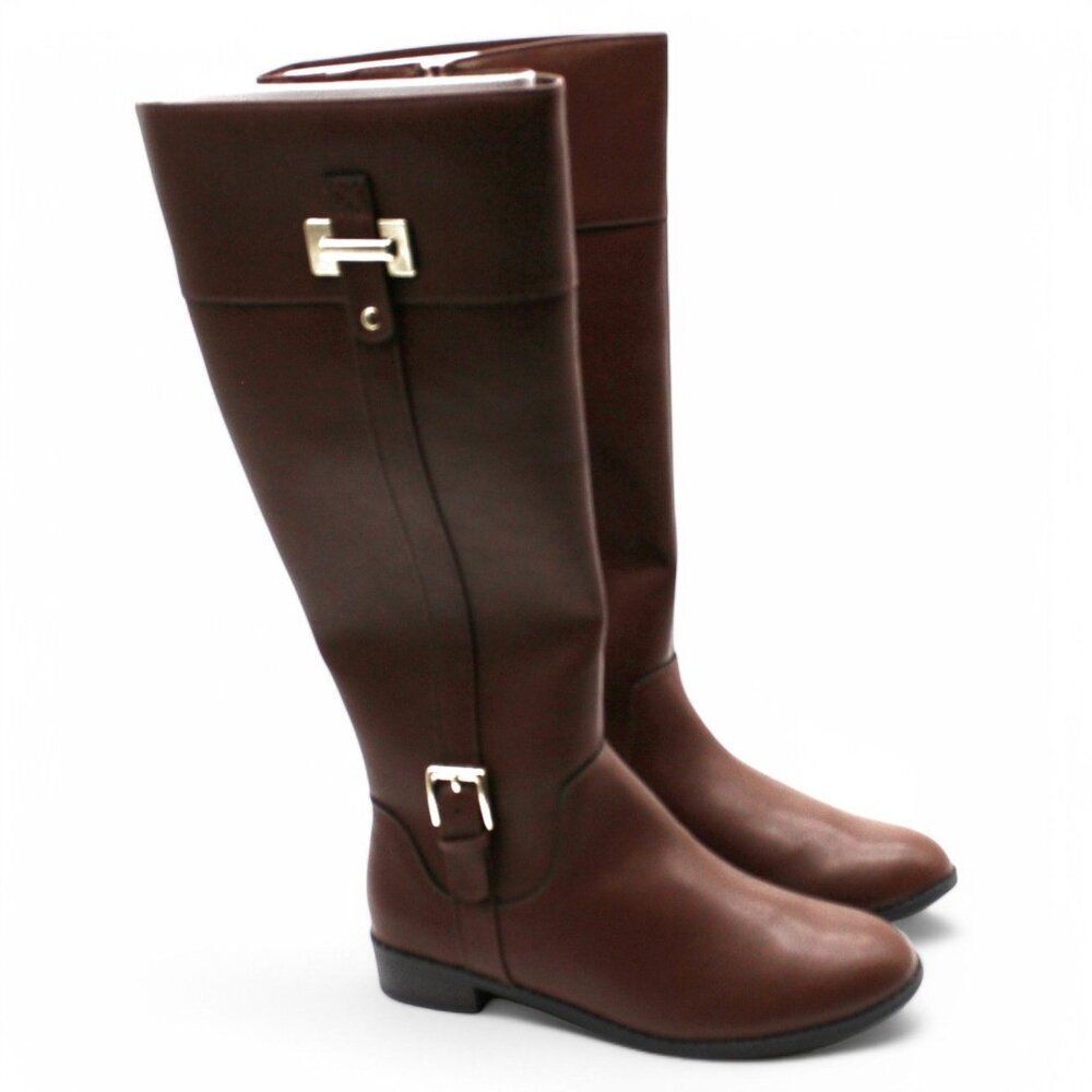 Karen Scott Womens Cognac Brown Buckle Accent Padded Deliee2 Round Toe Block Hee